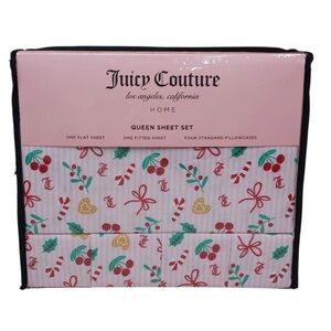 Juicy Couture Queen Sheet Set Christmas Candy Cane & Cherry Pattern NWT